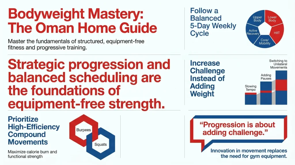 Bodyweight mastery home fitness guide for Oman showing a balanced 5-day workout cycle, compound exercises, progression methods, and equipment-free strength training.