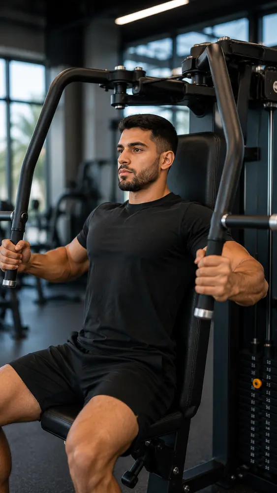 Beginner using chest press machine during gym workout in Oman