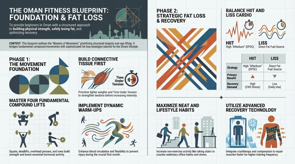 Oman fitness blueprint infographic showing movement foundation, compound lifts, fat loss strategy, HIIT, LISS cardio, NEAT habits, and recovery methods.