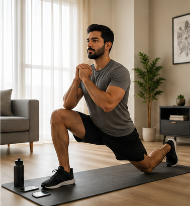 A man in athletic wear performing a forward lunge on a black yoga mat in a modern living room.