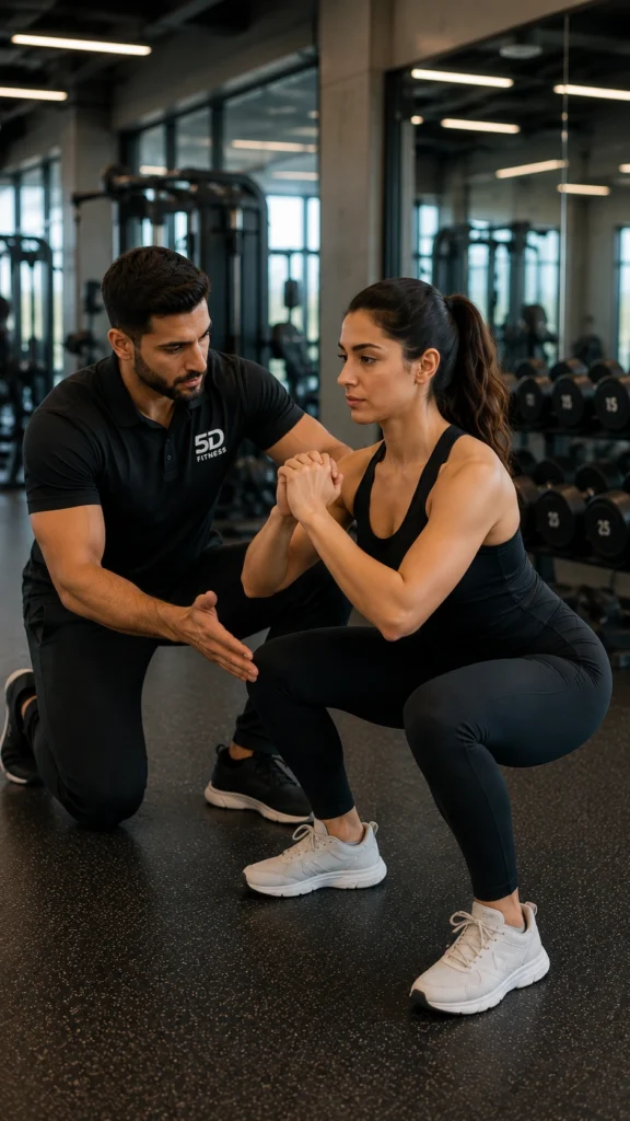 Personal trainer coaching beginner during squat exercise in gym