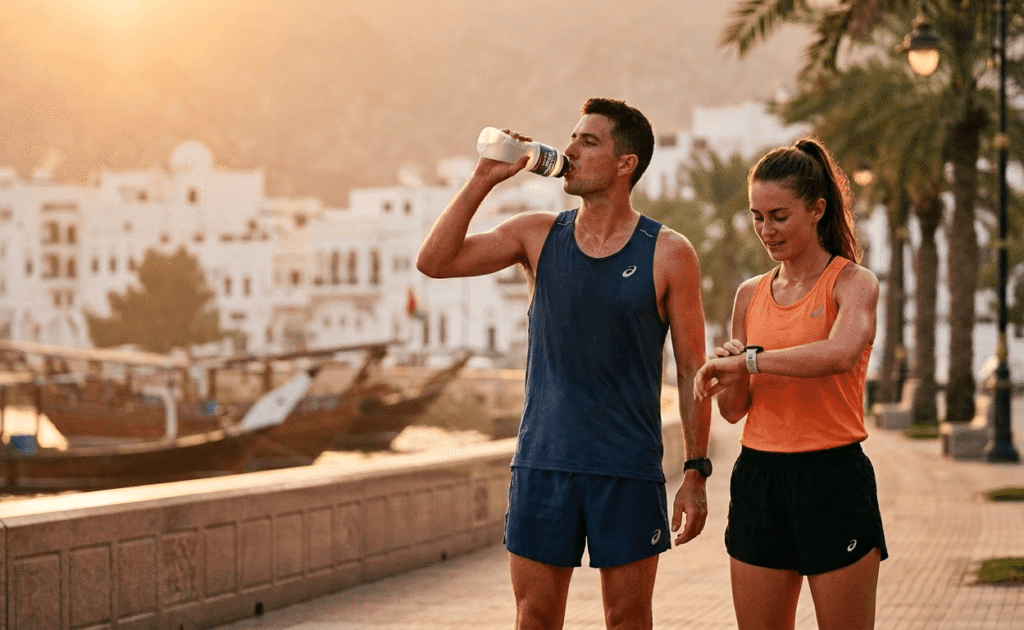 Man drinking water and woman checking fitness watch during outdoor run by waterfront