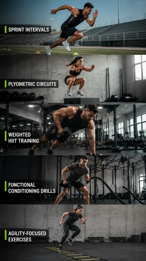 Athletes performing sprint intervals, plyometric circuits, weighted HIIT training, functional conditioning drills, and agility exercises