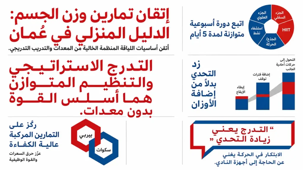 دليل تمارين وزن الجسم في عمان يوضح خطة تدريب منزلية متوازنة لمدة 5 أيام مع تمارين مركبة وأساليب تطوير القوة بدون معدات.