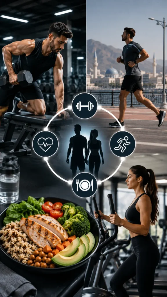 Man and woman performing cardio and resistance training with healthy meal preparation during a calorie deficit fat loss program in Oman
