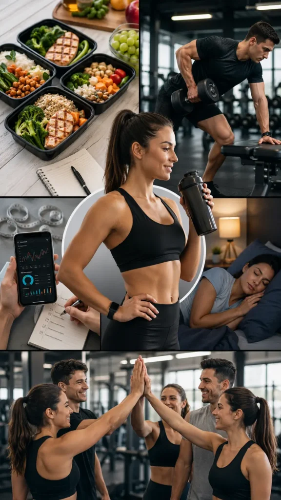 Healthy habits for long-term calorie deficit success including meal prep, resistance training, sleep, and fitness tracking in Oman