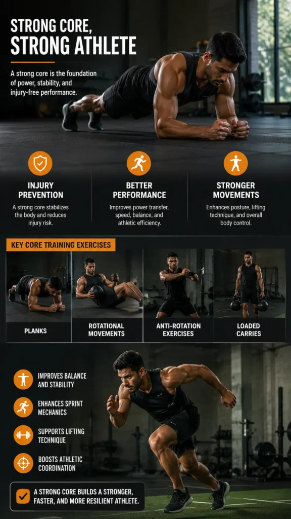 Athlete performing core training exercises including planks and loaded carries to improve strength stability and athletic performance