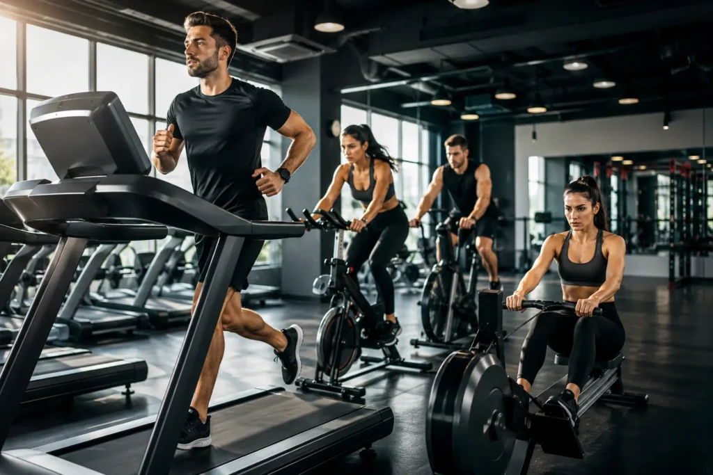 People performing cardio fat burning exercises in a modern indoor gym