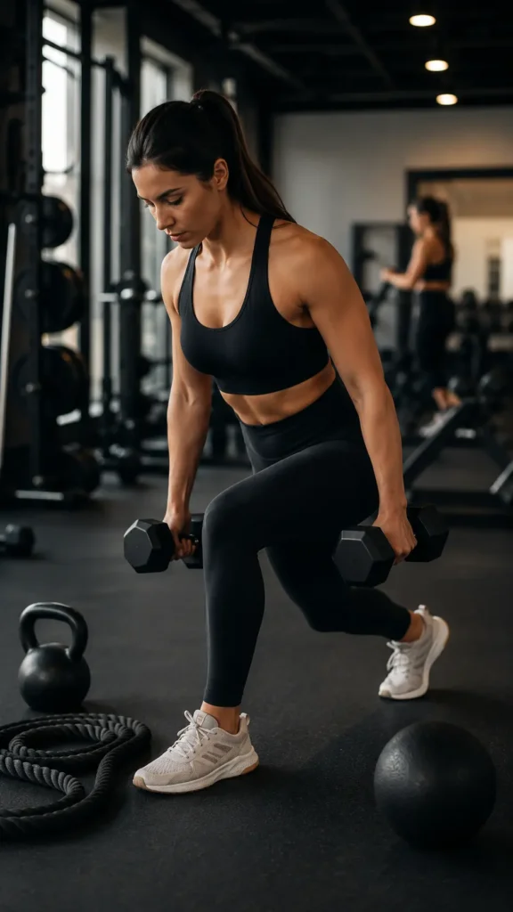 Woman performing strength training workout with dumbbells in a modern gym for fat burning and weight loss