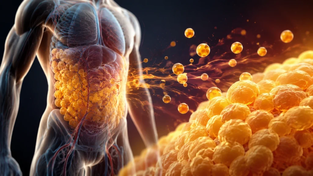 Scientific visualization of the human body burning stored fat cells during metabolism and weight loss process