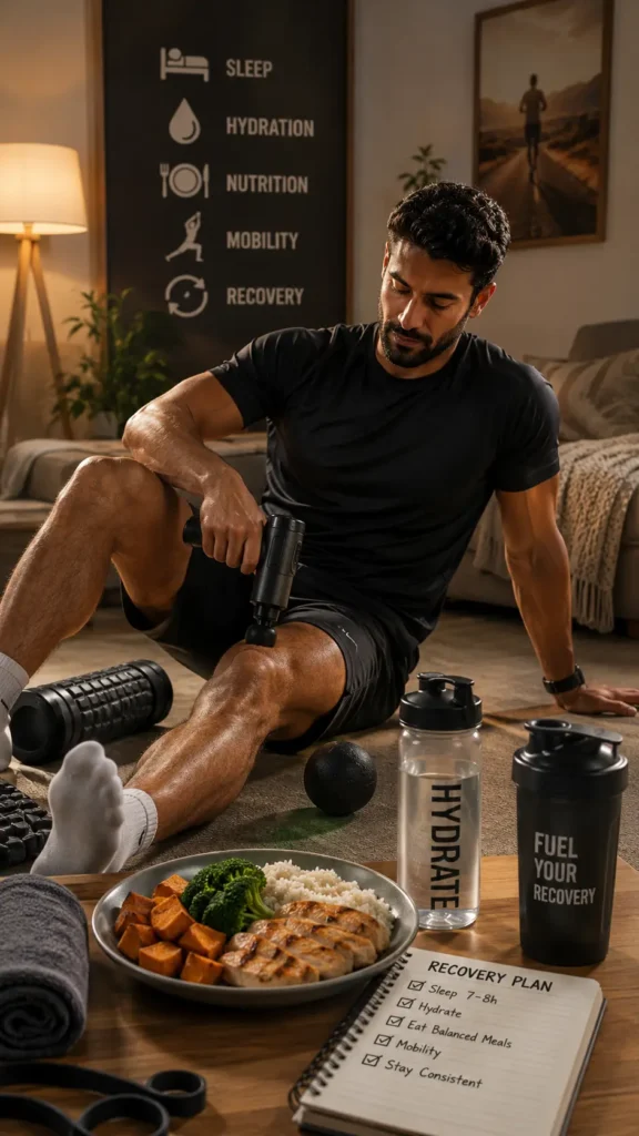 Athlete using massage gun and recovery tools after full body workout with healthy meal and hydration setup