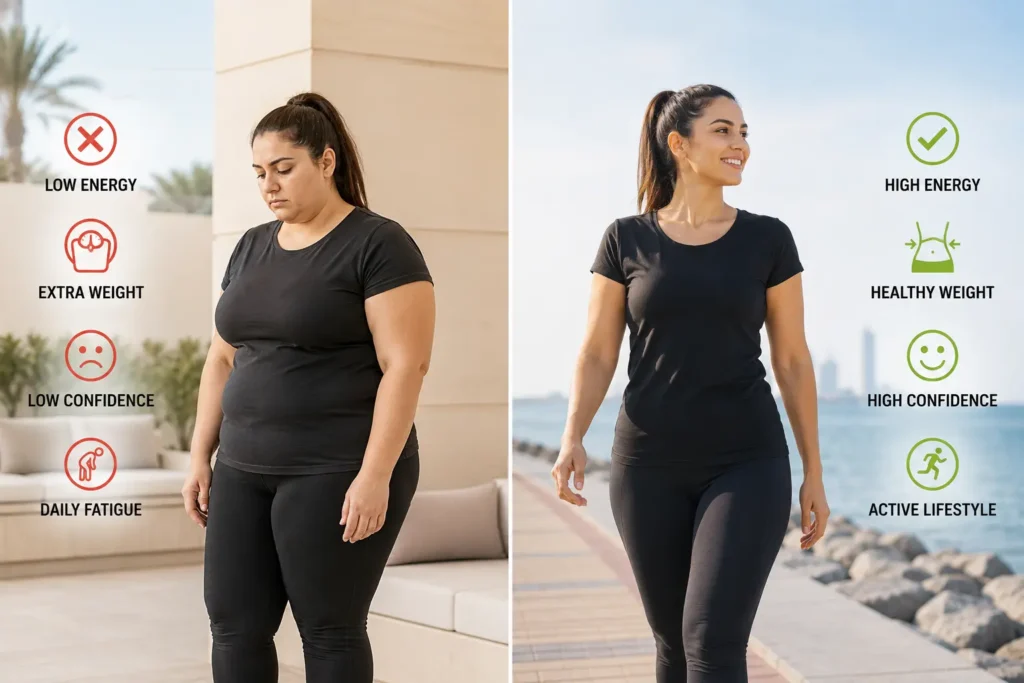 Before and after weight loss transformation showing the benefits of HIIT training and fat burning fitness lifestyle in Oman
