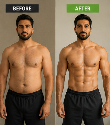 Before and after body transformation results highlighting abdominal definition and chest muscle growth.