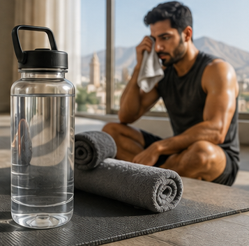 A man doing his home workout plan and resting and hydrating after a workout session with a scenic city view through the window.