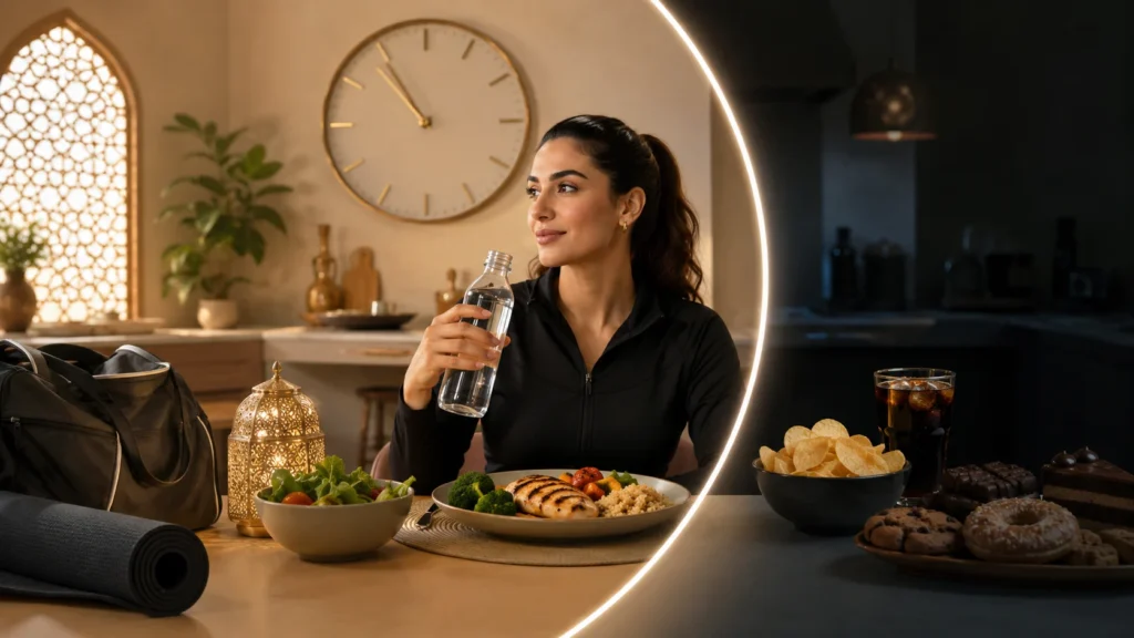 Intermittent Fasting Oman lifestyle image showing healthy meal timing, hydration, and reduced late-night snacking for fat loss.