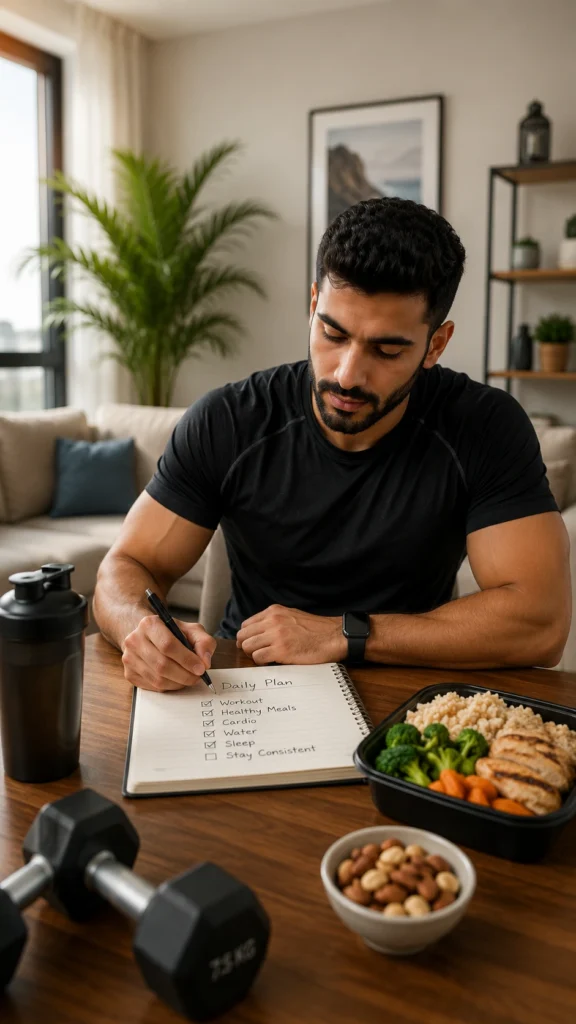 Man planning healthy fitness habits and belly fat workout routine at home in Oman