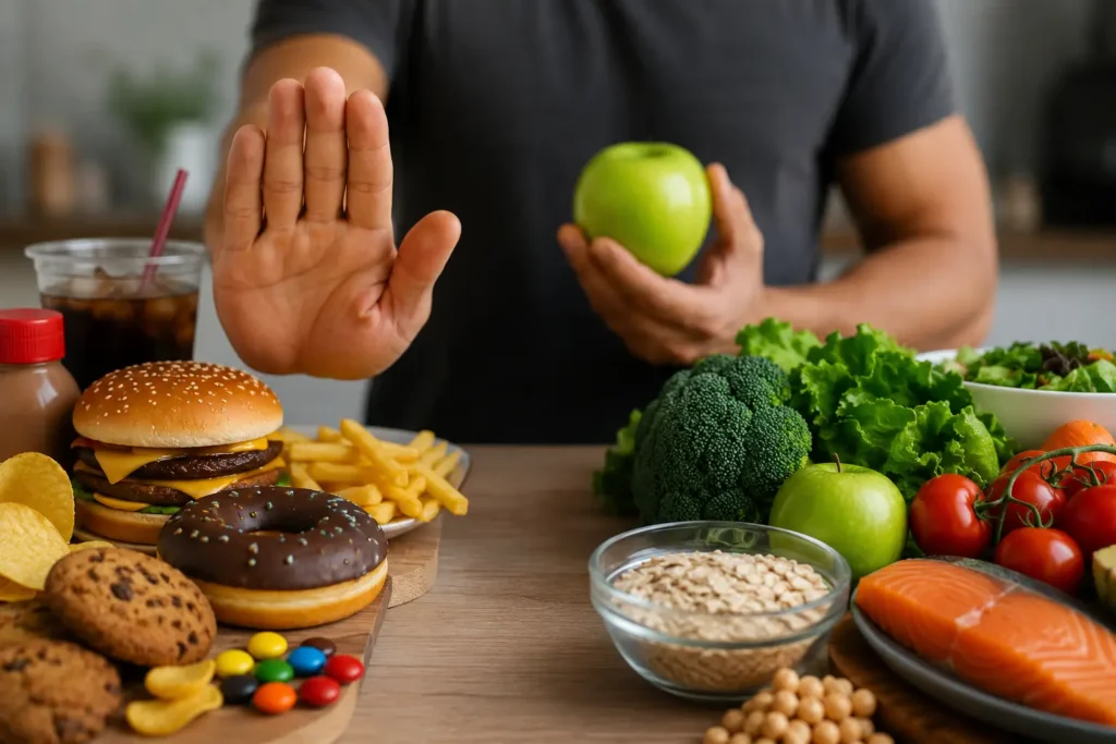 Person choosing healthy food over junk food for belly fat loss in Oman