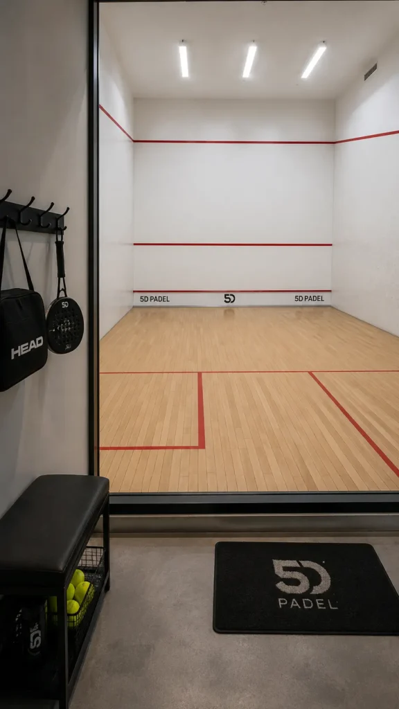 Modern indoor padel facility with white walls, wooden flooring, glass court view, and professional coaching environment in Oman.