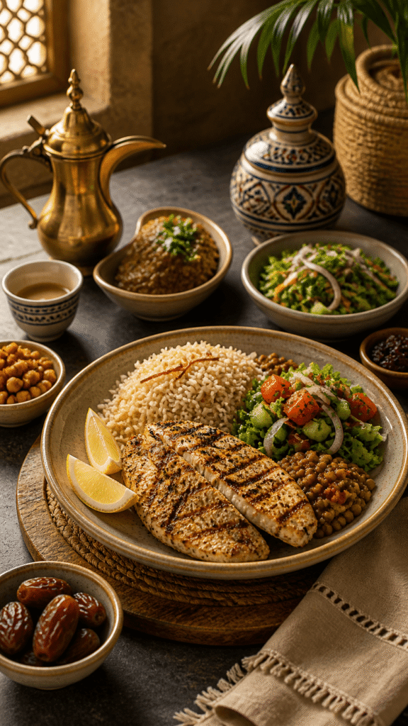 Grilled chicken with rice lentils and fresh salad on traditional Middle Eastern table