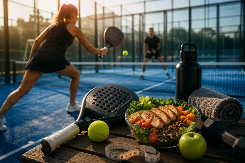 Padel players training on court for fat loss and overall health with racquets and fitness equipment in Oman