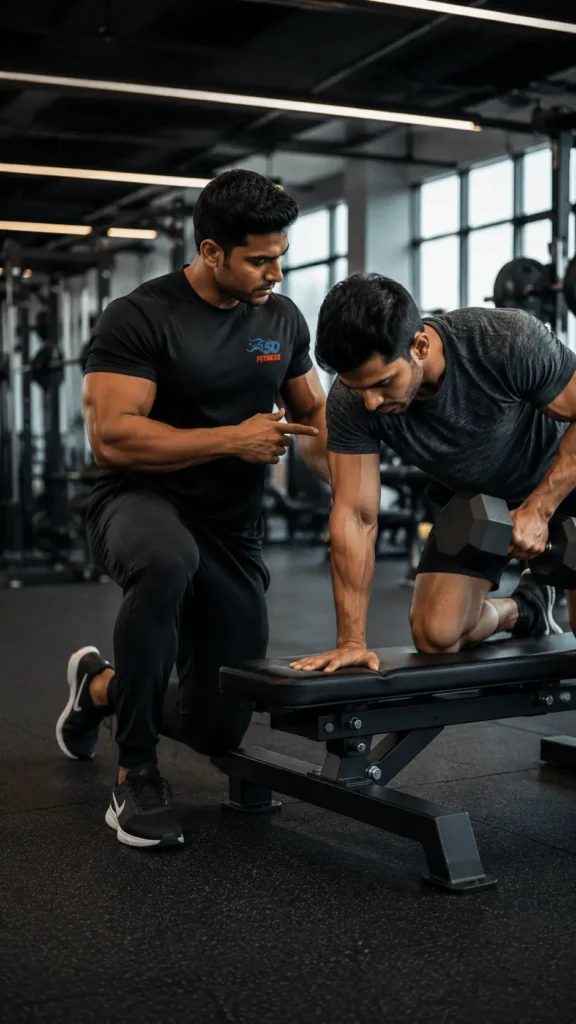 fitness coach guiding client during strength training session at 5D Fitness gym in Oman