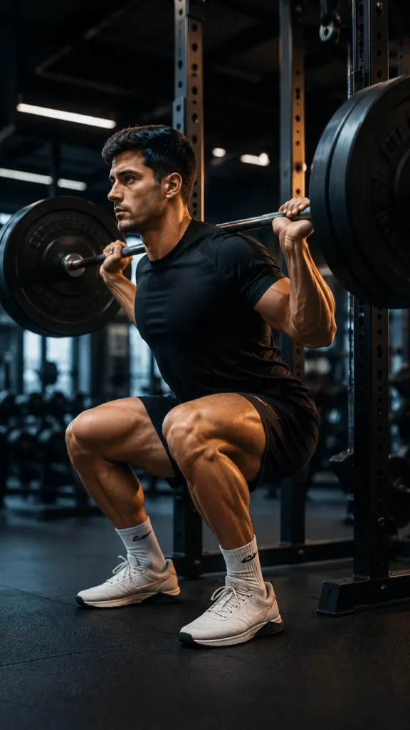 Athlete performing heavy barbell squats during a leg day workout in a Push Pull Legs training routine at a modern gym.