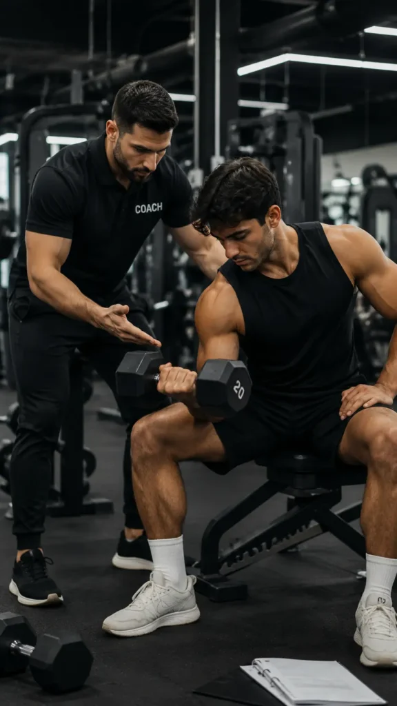 Professional fitness coach guiding athlete during push pull legs workout in modern gym