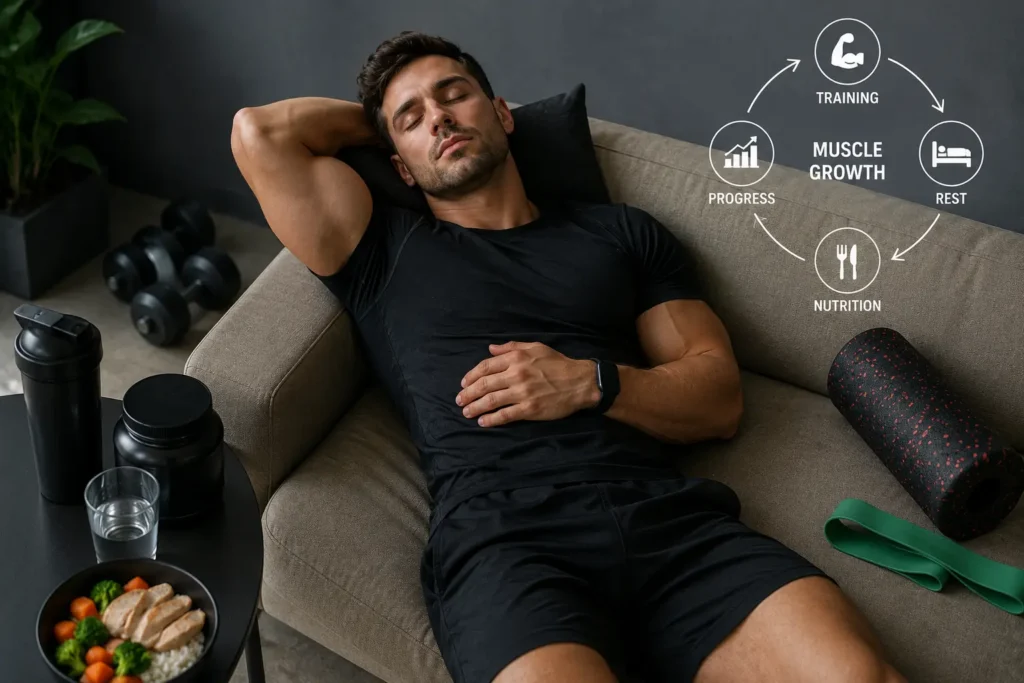 Athlete resting after workout to support muscle recovery and growth in Push Pull Legs training routine
