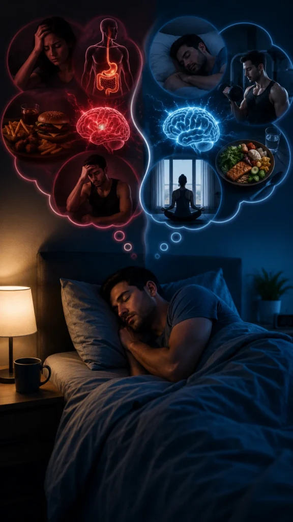 Man sleeping peacefully at night showing the connection between sleep quality, fat loss, recovery, metabolism, and healthy lifestyle habits