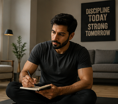 Man planning his workout routine in a notebook with a 'Discipline Today Strong Tomorrow' poster in the background.