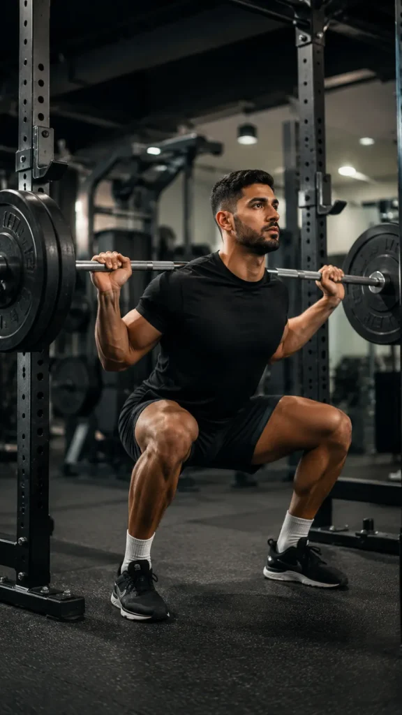 Man performing barbell squat during strength training workout in modern gym in Oman