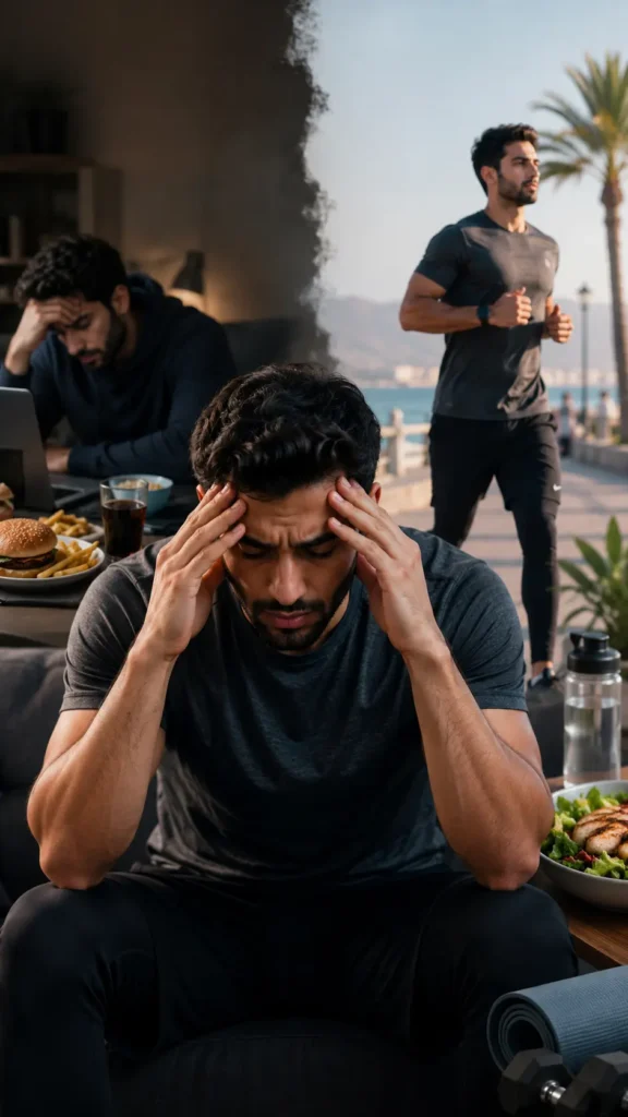 Stressed man struggling with weight loss while balancing fitness, healthy lifestyle, and emotional stress in Muscat Oman