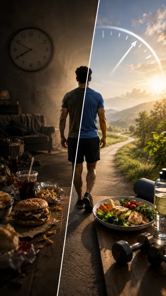 A split lifestyle scene showing unhealthy habits on one side and a balanced intermittent fasting routine with healthy food, hydration, and fitness on the other.