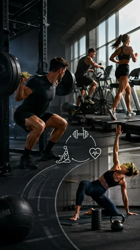 Athletes performing strength training, cardio, and mobility exercises in a modern gym for sustainable fat loss and fitness improvement.