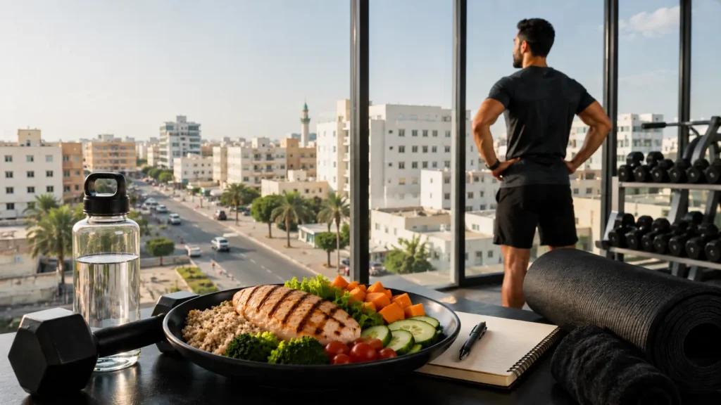 Man standing inside a modern gym with city view windows, healthy meal, and fitness equipment representing a sustainable weight loss plan in Muscat Oman
