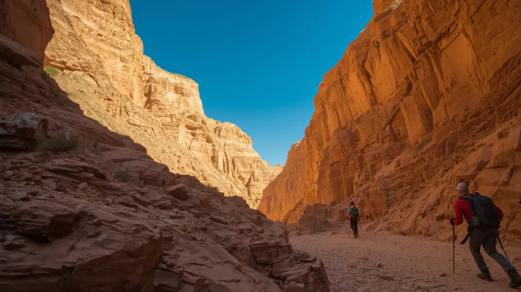 Two backpackers with hiking poles and gear walking through a massive, sun-drenched orange rock canyon in Oman under a clear blue sky.