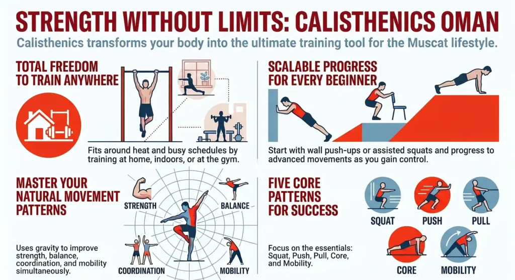 Infographic explaining calisthenics in Oman with bodyweight training benefits, beginner progressions, and core movement patterns