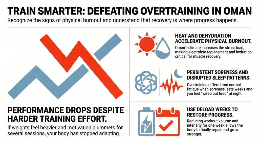 Infographic showing overtraining symptoms in Oman, including performance drops, heat dehydration, persistent soreness, poor sleep, and deload recovery.