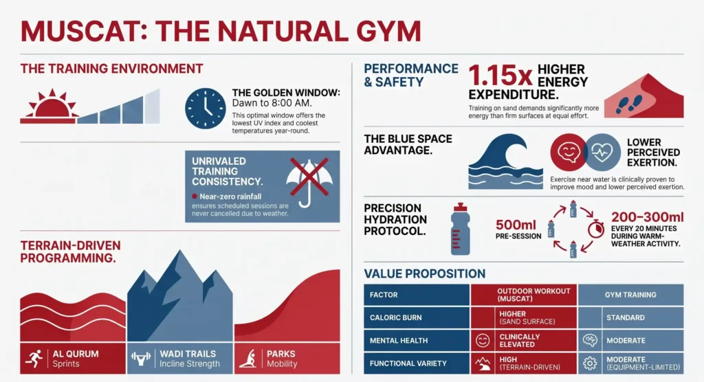 Infographic titled 'Muscat: The Natural Gym' detailing the performance benefits of outdoor training in Oman, including sand workouts for 1.15x higher energy expenditure, blue space advantages, and terrain programming for Al Qurum, wadis, and parks.