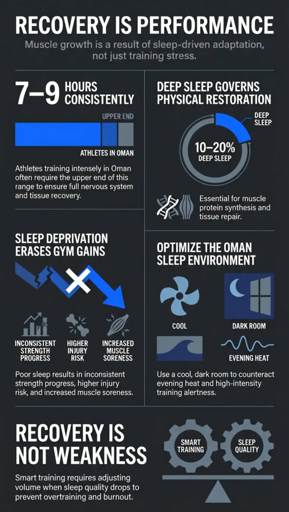 Infographic showing how sleep supports muscle growth, deep sleep recovery, training performance, and workout recovery in Oman.