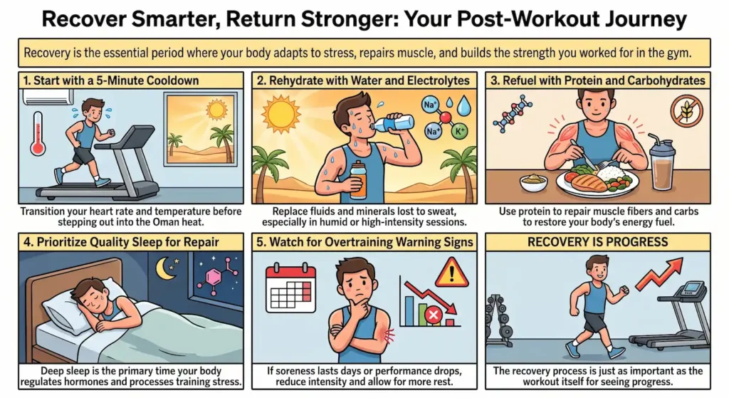 Post workout recovery in Oman infographic showing cooldown, hydration, nutrition, sleep, overtraining signs, and recovery tips.