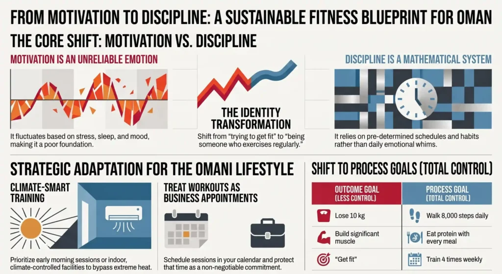 Infographic titled 'Sustainable Fitness Blueprint for Oman' explaining the shift from emotional motivation to disciplined systems. It highlights climate-smart training adaptations for the Omani lifestyle, scheduling workouts like business appointments, and transitioning from outcome goals to process goals