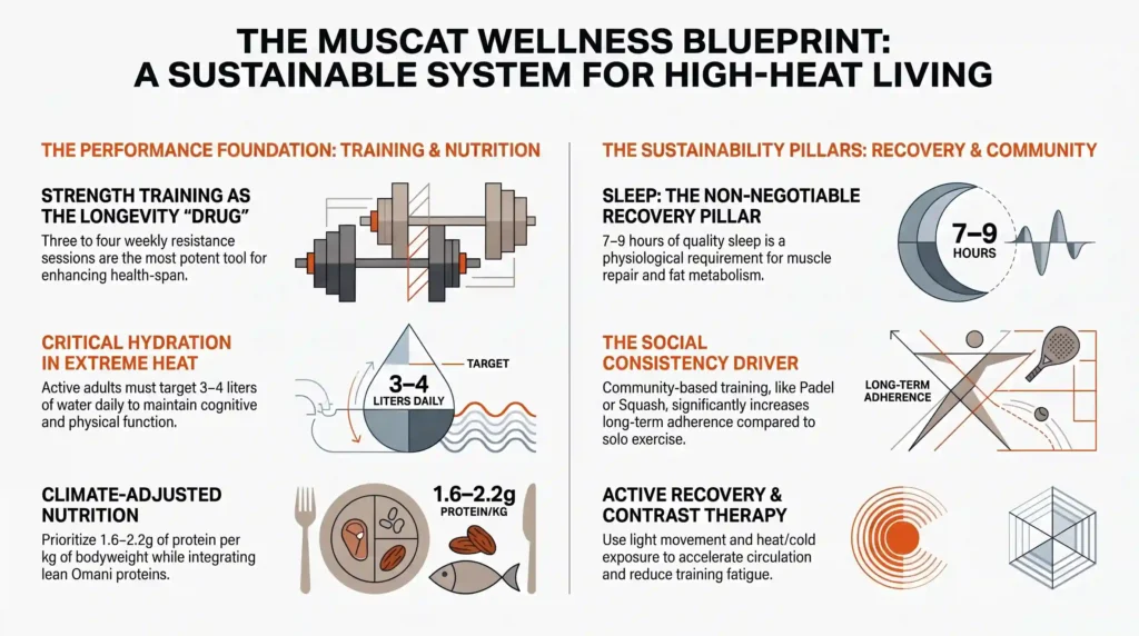 Muscat wellness blueprint infographic showing sustainable health strategies for high-heat living, including strength training, hydration, climate-adjusted nutrition, sleep, social fitness, and active recovery.