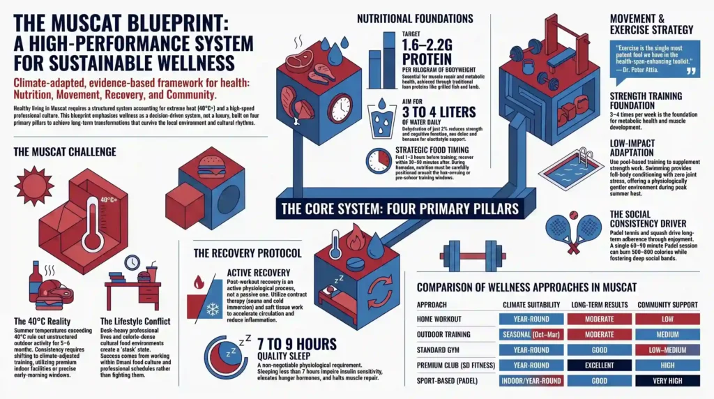 Infographic illustrating a high-performance wellness system in Muscat, Oman, covering nutrition, exercise, recovery, hydration, sleep, and sustainable healthy living.