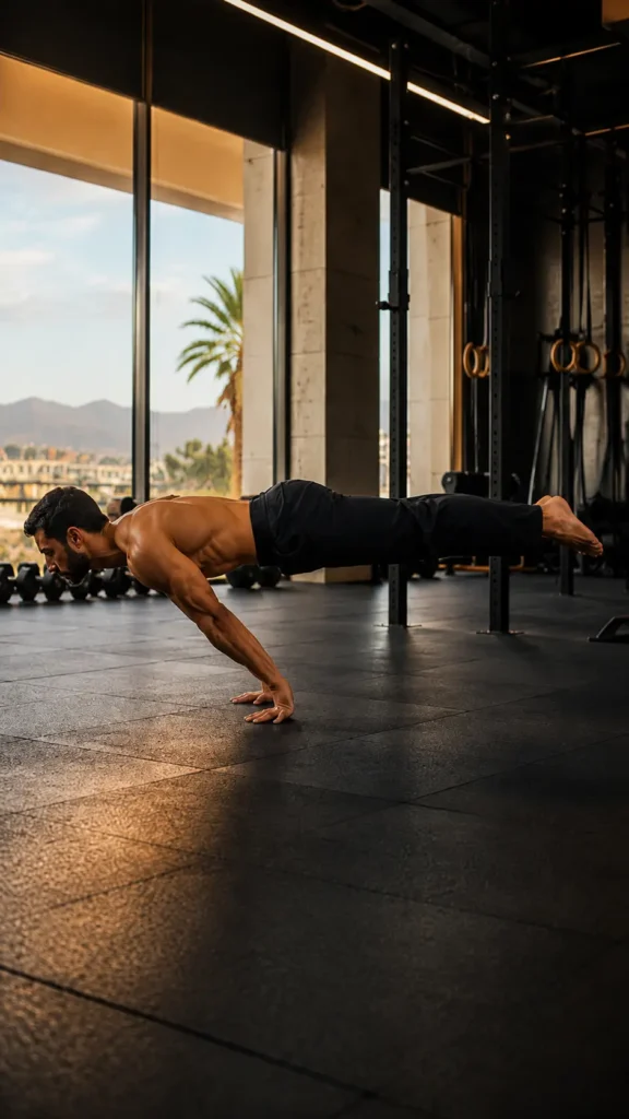 Athletic man performing advanced calisthenics planche training in a modern gym in Oman