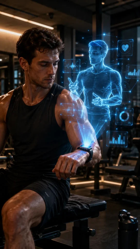 AI fitness coaching in Oman shown as a holographic coach emerging from a smartwatch to guide an athlete in a modern gym