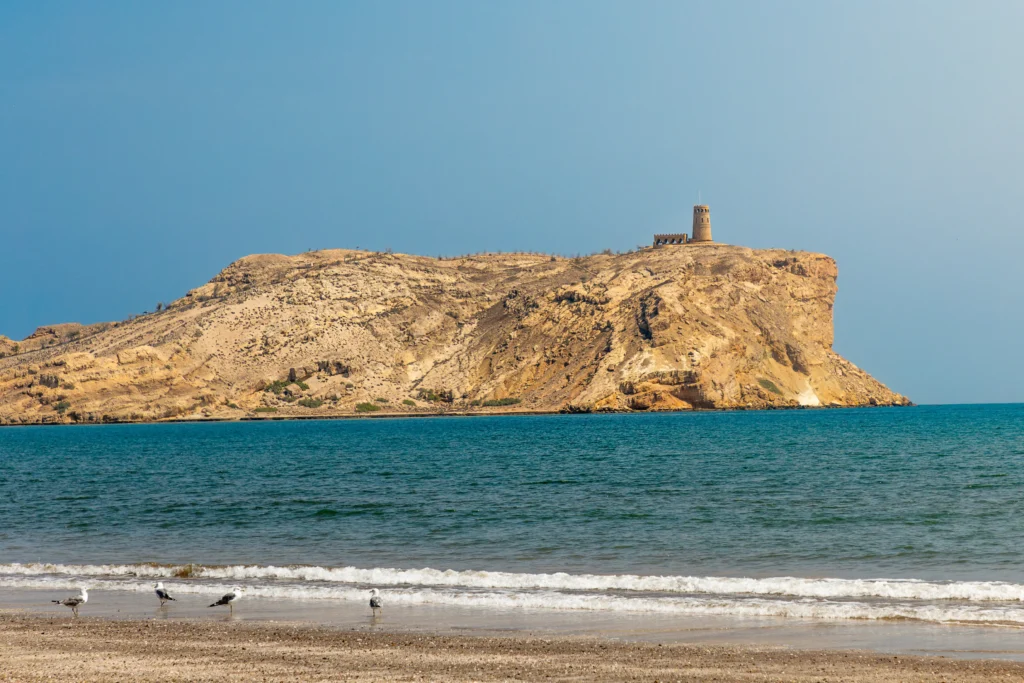 Scenic view of Al Sawadi Beach in Oman showing a rocky island with an ancient watchtower fortified on the hilltop, overlooking the blue sea with seagulls on the sandy shore.