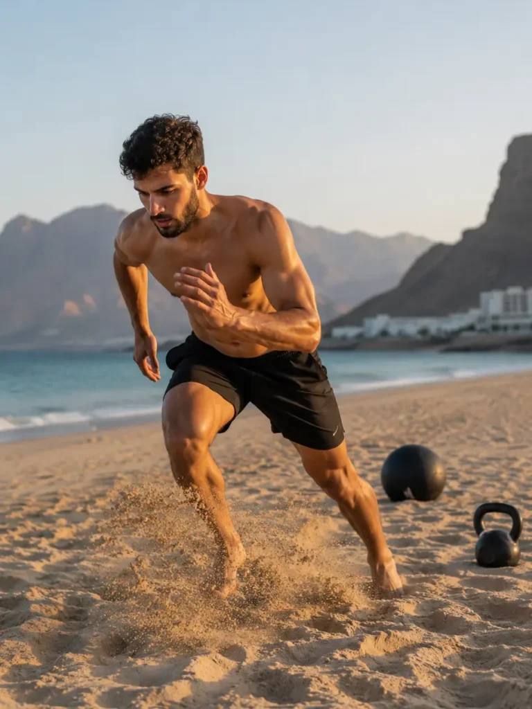 A shirtless male athlete explosively sprinting on a sandy beach during an outdoor fitness workout, with a kettlebell and medicine ball on the sand and coastal mountains in the background.