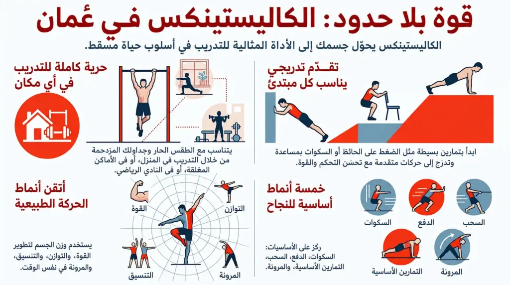 Arabic infographic explaining calisthenics in Oman and beginner bodyweight training patterns