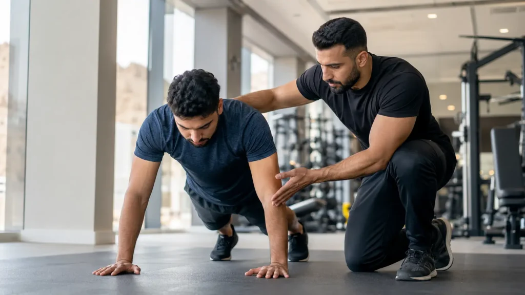 Fitness coach correcting beginner push-up form during calisthenics training in Oman